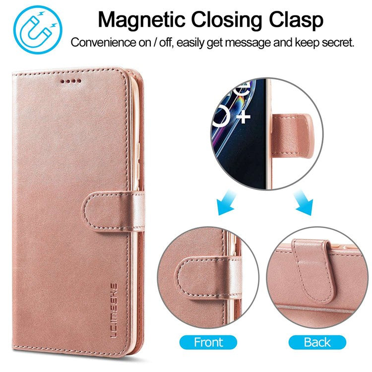 LC.IMEEKE for Realme 9/9 Pro+ Dual-sided Magnetic Clasp Textured PU Leather Wallet Cover Stand Protective Phone Case - Pink