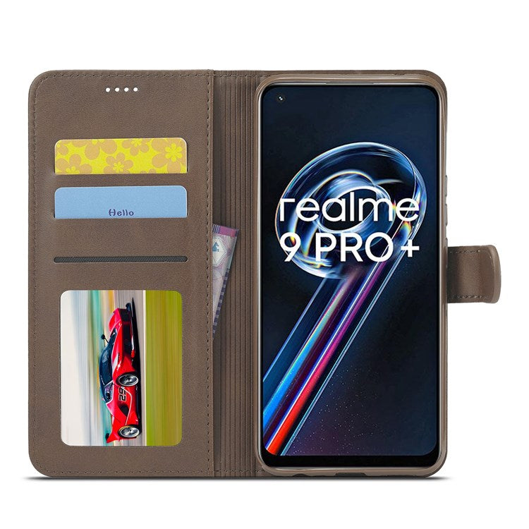 LC.IMEEKE for Realme 9/9 Pro+ Dual-sided Magnetic Clasp Textured PU Leather Wallet Cover Stand Protective Phone Case - Brown