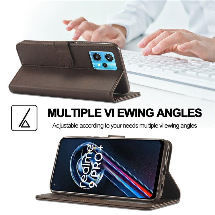 LC.IMEEKE for Realme 9/9 Pro+ Dual-sided Magnetic Clasp Textured PU Leather Wallet Cover Stand Protective Phone Case - Brown