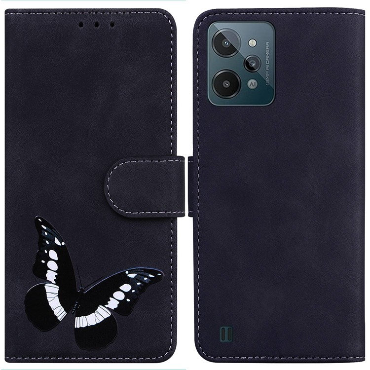 For Realme C31 Butterfly Pattern Printing PU Leather Stand Skin-touch Feeling Phone Case Wallet Protective Cover - Black