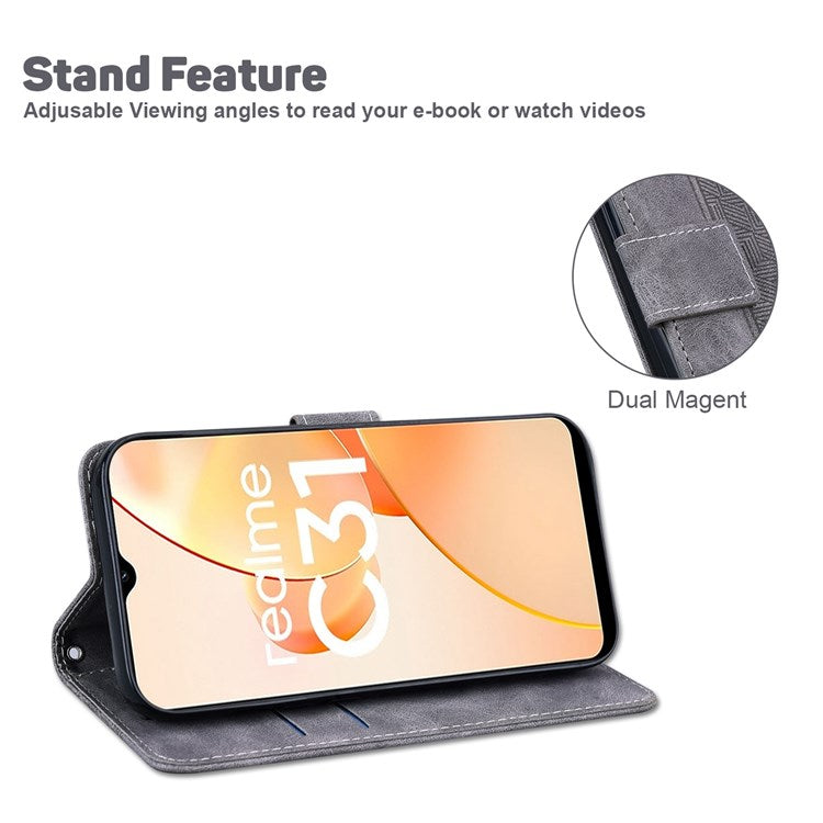 For Realme C31 PU Leather Case Stand Wallet Geometric Pattern Imprinted Protective Cover with Wrist Strap - Grey
