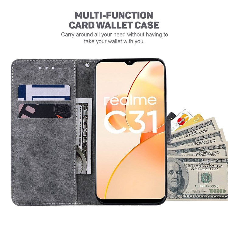 For Realme C31 PU Leather Case Stand Wallet Geometric Pattern Imprinted Protective Cover with Wrist Strap - Grey