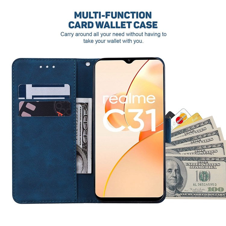 For Realme C35 Geometric Pattern Imprinted PU Leather + TPU Wallet Phone Case Stand Shell with Wrist Strap - Blue