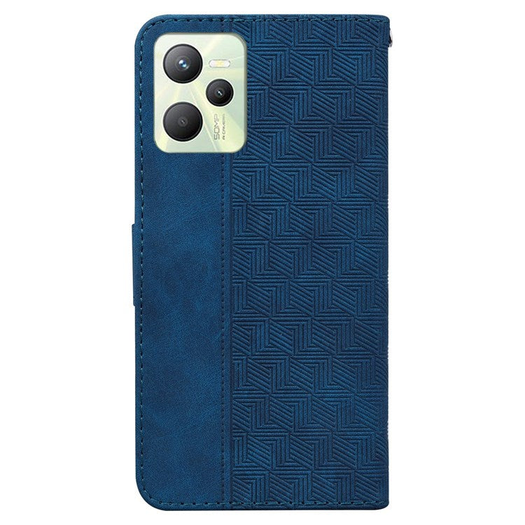 For Realme C35 Geometric Pattern Imprinted PU Leather + TPU Wallet Phone Case Stand Shell with Wrist Strap - Blue