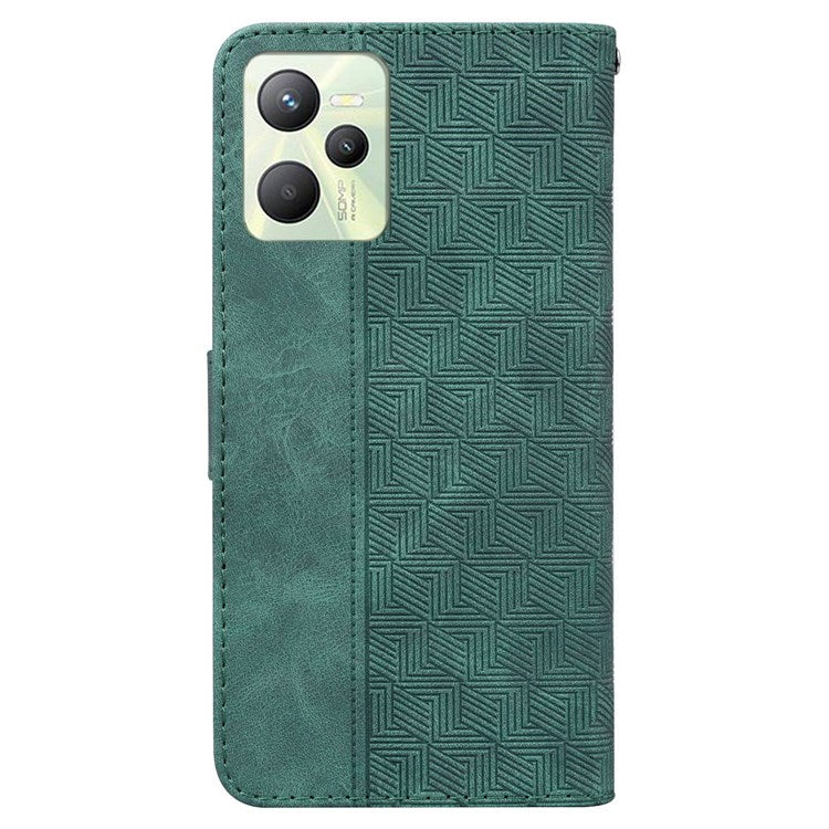 For Realme C35 Geometric Pattern Imprinted PU Leather + TPU Wallet Phone Case Stand Shell with Wrist Strap - Green
