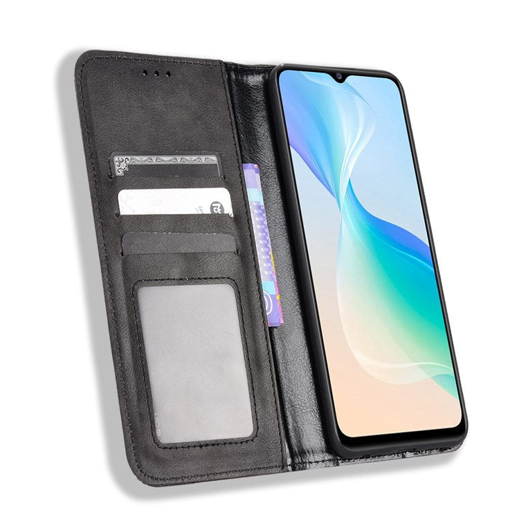 For vivo Y76 5G Mosaic Imprinted Retro Leather Magnetic Auto Closing Flip Case Stand Wallet Phone Cover - Black