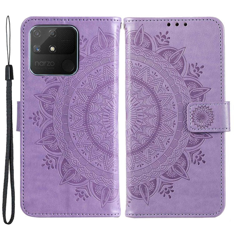 For Realme Narzo 50A PU Leather Phone Flip Cover, Wallet Stand Design Well-protected Imprinted Mandala Flower Phone Case - Purple