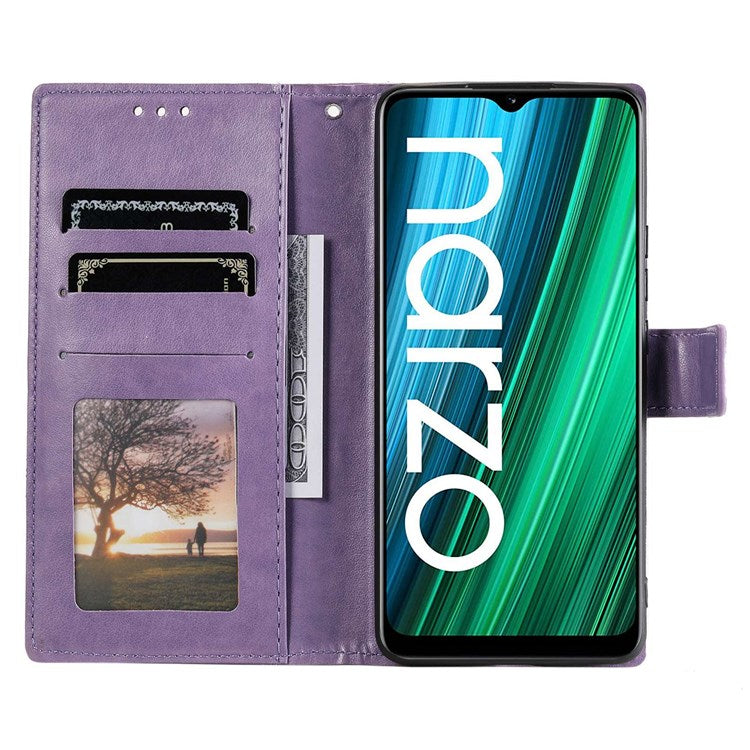 For Realme Narzo 50A PU Leather Phone Flip Cover, Wallet Stand Design Well-protected Imprinted Mandala Flower Phone Case - Purple