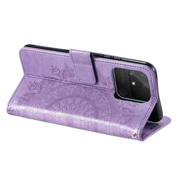 For Realme Narzo 50A PU Leather Phone Flip Cover, Wallet Stand Design Well-protected Imprinted Mandala Flower Phone Case - Purple