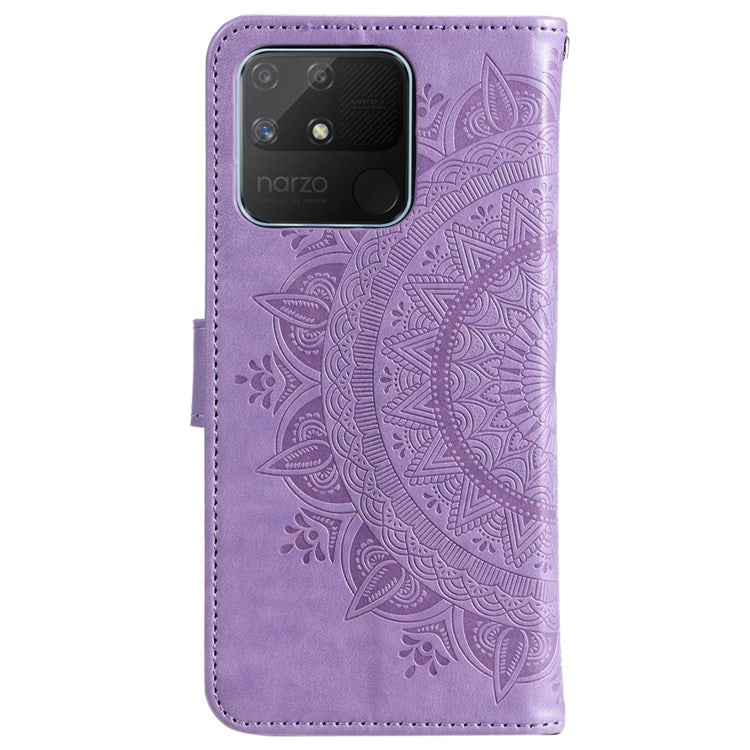 For Realme Narzo 50A PU Leather Phone Flip Cover, Wallet Stand Design Well-protected Imprinted Mandala Flower Phone Case - Purple