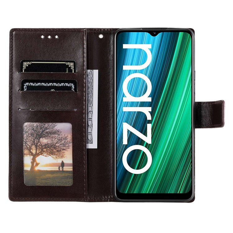 For Realme Narzo 50A PU Leather Phone Flip Cover, Wallet Stand Design Well-protected Imprinted Mandala Flower Phone Case - Brown