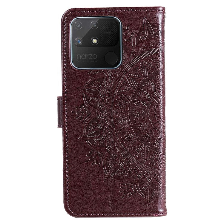 For Realme Narzo 50A PU Leather Phone Flip Cover, Wallet Stand Design Well-protected Imprinted Mandala Flower Phone Case - Brown