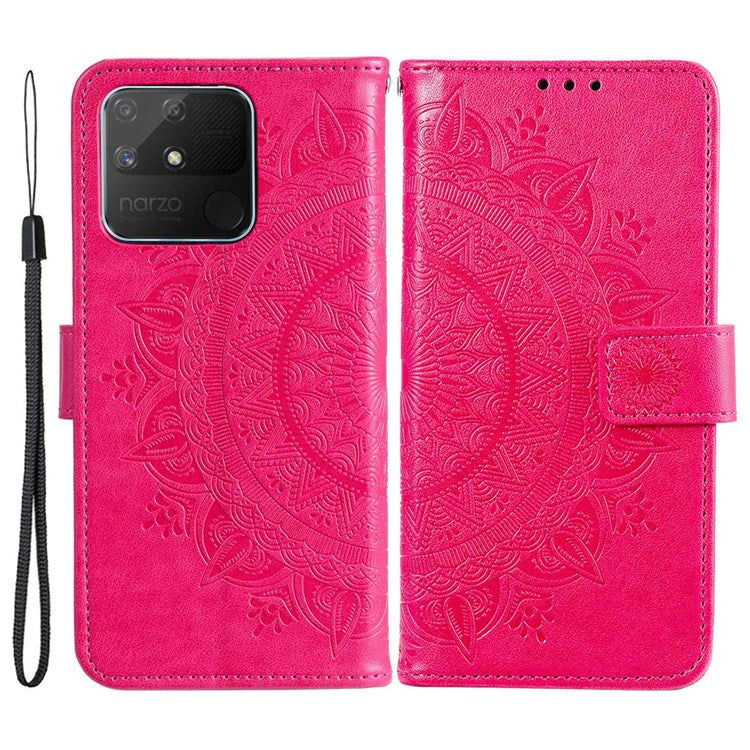 For Realme Narzo 50A PU Leather Phone Flip Cover, Wallet Stand Design Well-protected Imprinted Mandala Flower Phone Case - Rose