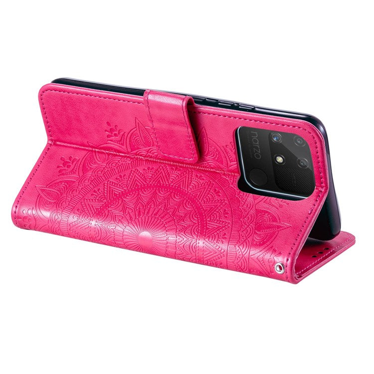 For Realme Narzo 50A PU Leather Phone Flip Cover, Wallet Stand Design Well-protected Imprinted Mandala Flower Phone Case - Rose