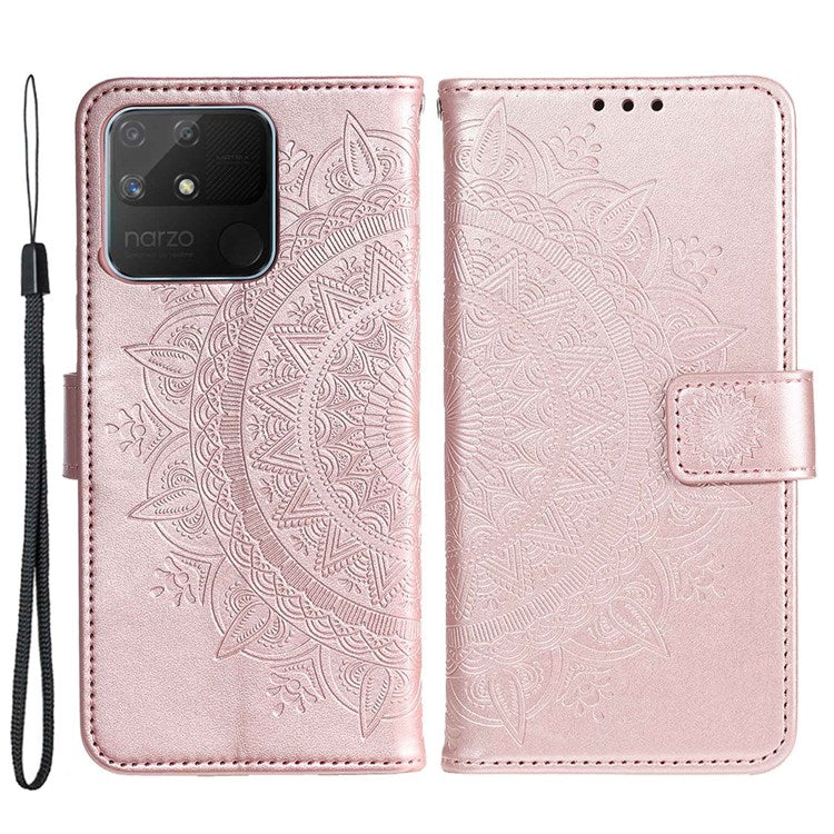 For Realme Narzo 50A PU Leather Phone Flip Cover, Wallet Stand Design Well-protected Imprinted Mandala Flower Phone Case - Rose Gold