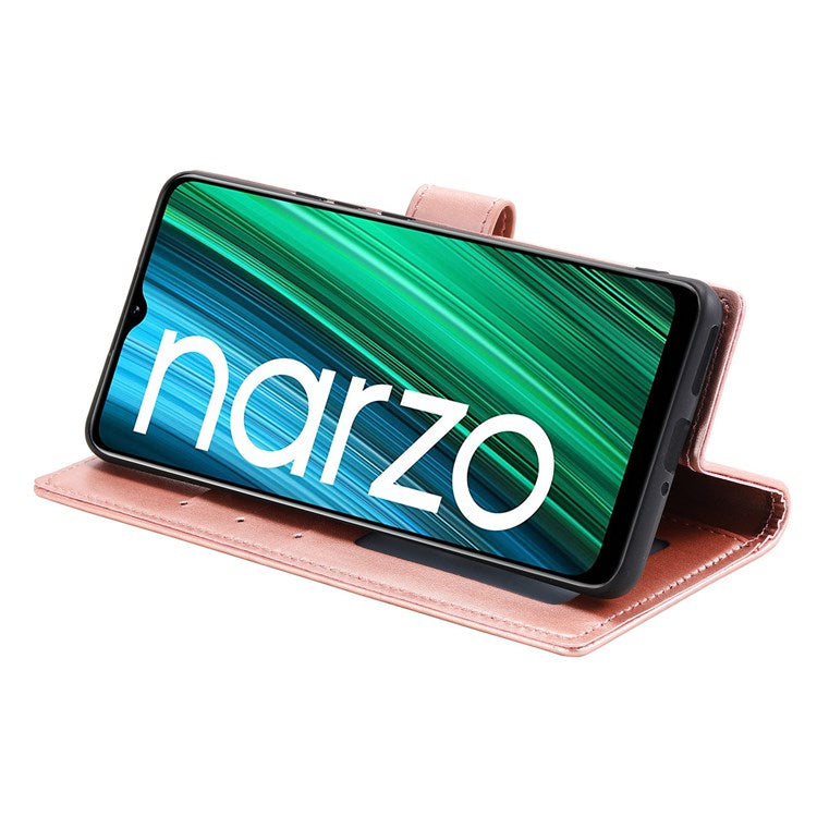 For Realme Narzo 50A PU Leather Phone Flip Cover, Wallet Stand Design Well-protected Imprinted Mandala Flower Phone Case - Rose Gold