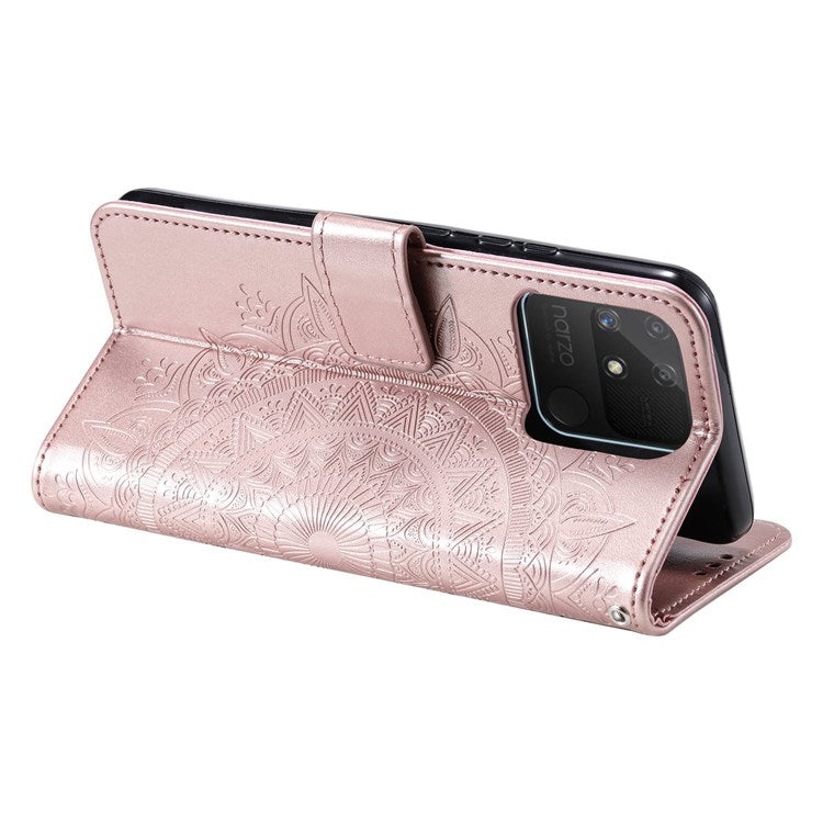 For Realme Narzo 50A PU Leather Phone Flip Cover, Wallet Stand Design Well-protected Imprinted Mandala Flower Phone Case - Rose Gold