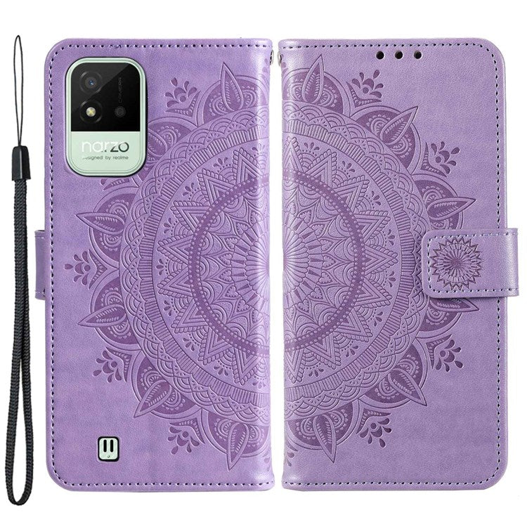 For Realme Narzo 50i Scratch Resistant PU Leather Phone Flip Cover, Wallet Stand Design Imprinted Mandala Flower Phone Case - Purple