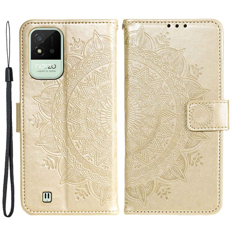 For Realme Narzo 50i Scratch Resistant PU Leather Phone Flip Cover, Wallet Stand Design Imprinted Mandala Flower Phone Case - Gold