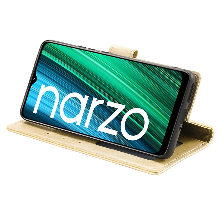 For Realme Narzo 50i Scratch Resistant PU Leather Phone Flip Cover, Wallet Stand Design Imprinted Mandala Flower Phone Case - Gold
