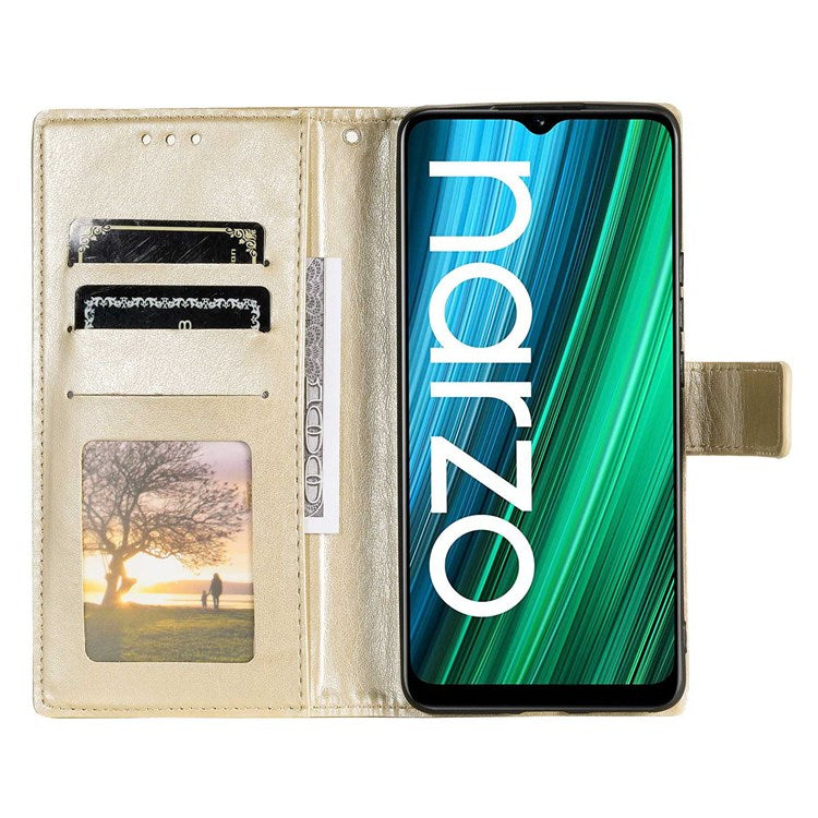 For Realme Narzo 50i Scratch Resistant PU Leather Phone Flip Cover, Wallet Stand Design Imprinted Mandala Flower Phone Case - Gold