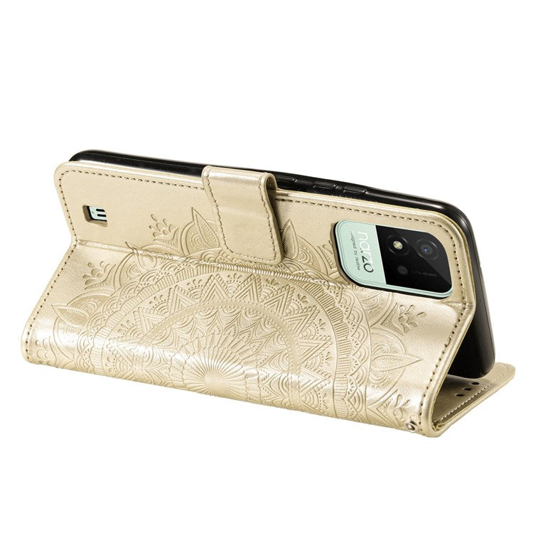 For Realme Narzo 50i Scratch Resistant PU Leather Phone Flip Cover, Wallet Stand Design Imprinted Mandala Flower Phone Case - Gold