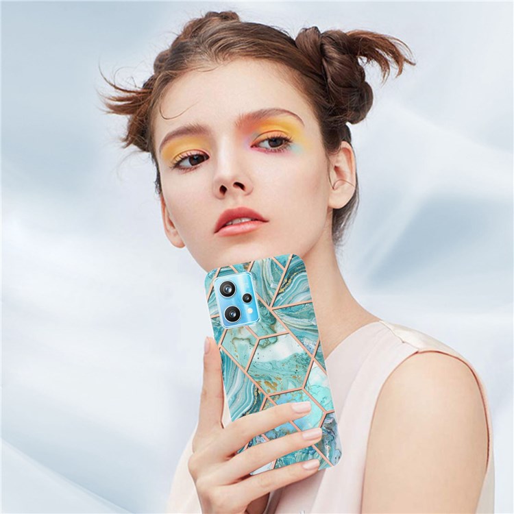 For Realme 9 Pro+ YB IMD Series-3 Light Slim Marble Pattern Double-sided Electroplating Splicing IMD Anti-dust Soft TPU Shell - Blue