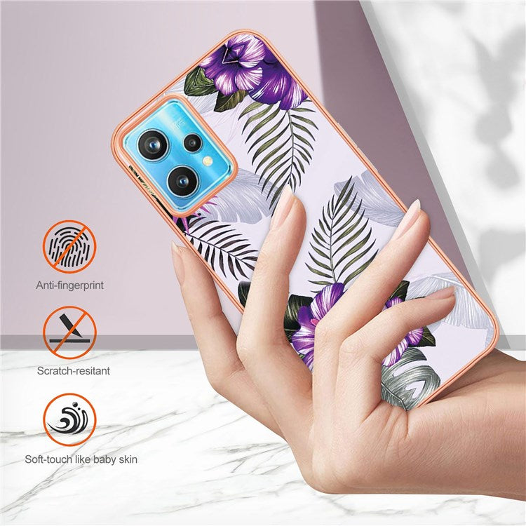 For Realme 9 Pro 5G / 9 5G / V25 YB IMD Series-1 Soft TPU Edge Anti-fingerprint Electroplating Case IMD Marble Floral Pattern Well-protected Cover - Purple Flowers