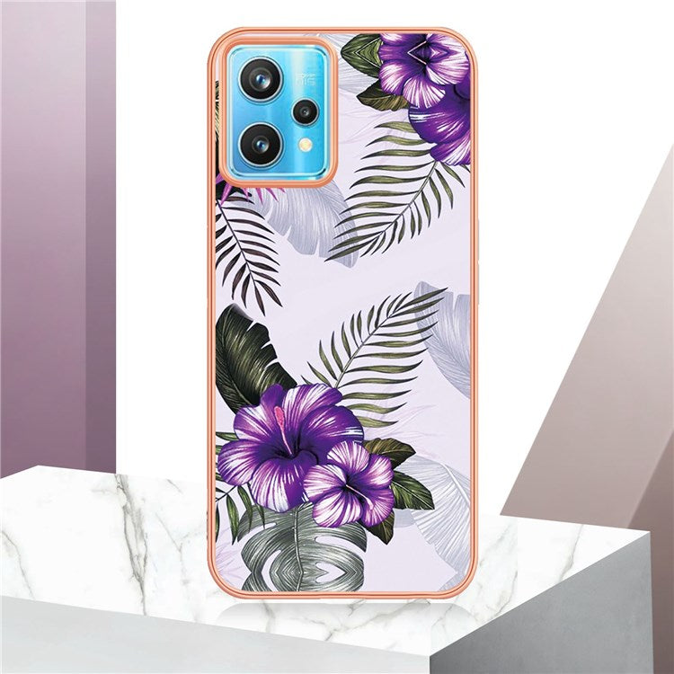 For Realme 9 Pro 5G / 9 5G / V25 YB IMD Series-1 Soft TPU Edge Anti-fingerprint Electroplating Case IMD Marble Floral Pattern Well-protected Cover - Purple Flowers