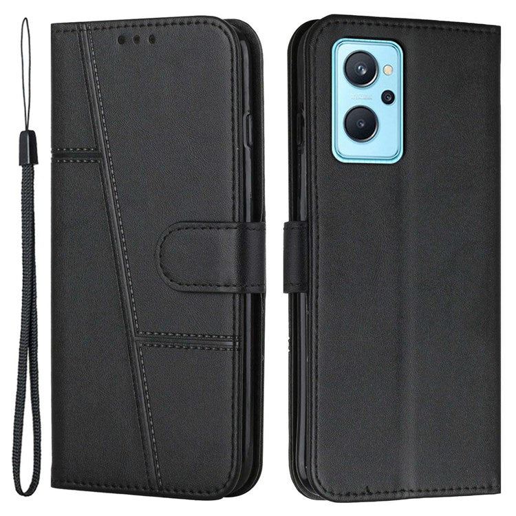 For Realme 9i/Oppo A36/A76 PU Leather Wallet Cover Stand Stitching Design Shockproof Flip Folio Protective Case with Strap - Black