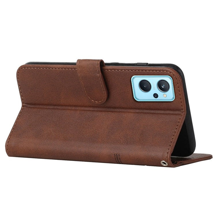 For Realme 9i/Oppo A36/A76 PU Leather Wallet Cover Stand Stitching Design Shockproof Flip Folio Protective Case with Strap - Brown