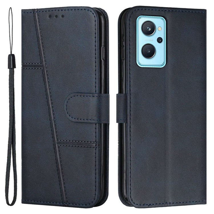 For Realme 9i/Oppo A36/A76 PU Leather Wallet Cover Stand Stitching Design Shockproof Flip Folio Protective Case with Strap - Sapphire