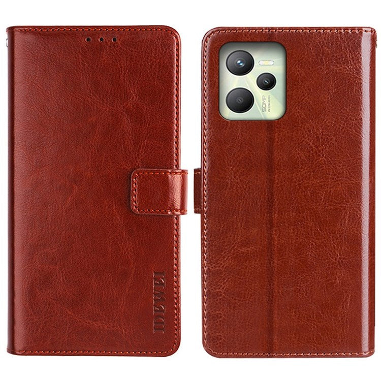 IDEWEI For Realme C35 Crazy Horse Textured Phone Case Bag PU Leather Stand Wallet Phone Cover - Brown