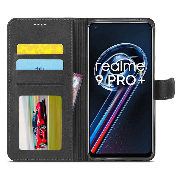 LC.IMEEKE for Realme 9 Pro 5G / 9 5G / V25 Anti-scratch Drop-proof Dual-sided Magnetic Clasp Textured PU Leather Cover Stand Wallet Style Phone Case - Black