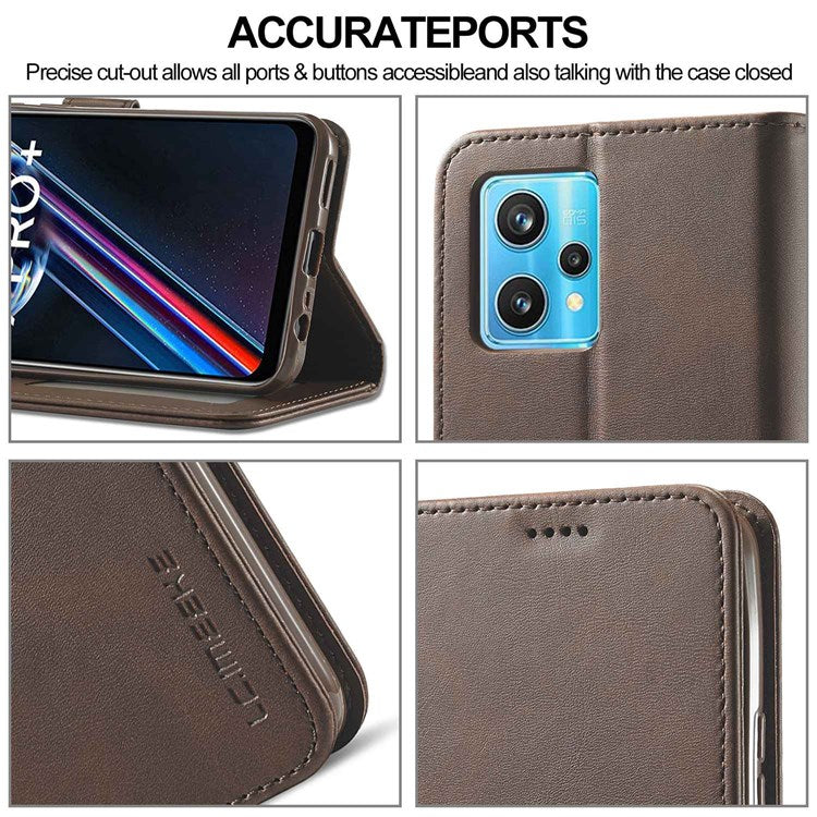 LC.IMEEKE for Realme 9 Pro 5G / 9 5G / V25 Anti-scratch Drop-proof Dual-sided Magnetic Clasp Textured PU Leather Cover Stand Wallet Style Phone Case - Brown