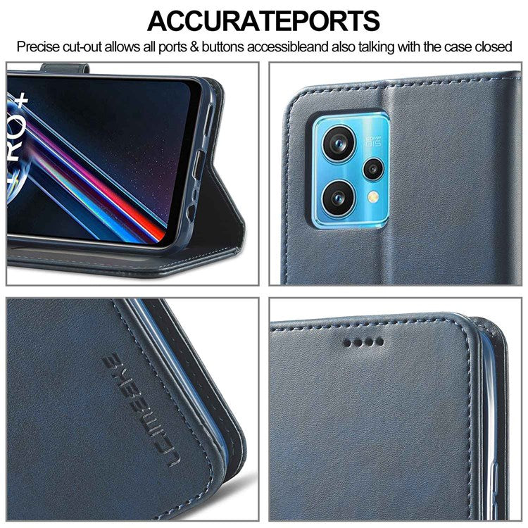 LC.IMEEKE for Realme 9 Pro 5G / 9 5G / V25 Anti-scratch Drop-proof Dual-sided Magnetic Clasp Textured PU Leather Cover Stand Wallet Style Phone Case - Blue