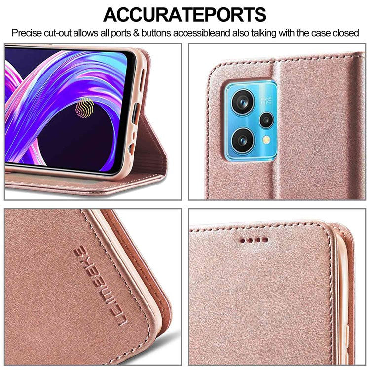 LC.IMEEKE for Realme 9 Pro 5G / 9 5G / V25 Anti-scratch Drop-proof Dual-sided Magnetic Clasp Textured PU Leather Cover Stand Wallet Style Phone Case - Pink