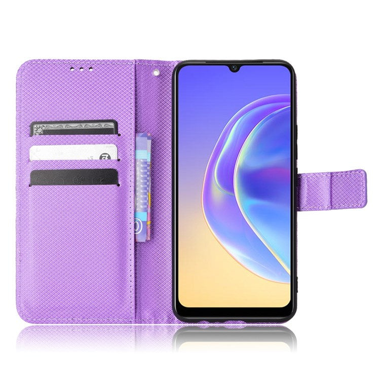 For vivo V21e 4G/Y73 Magnetic PU Leather Wallet Case Diamond Texture Stand Protective Shockproof TPU Folio Cover with Strap - Purple