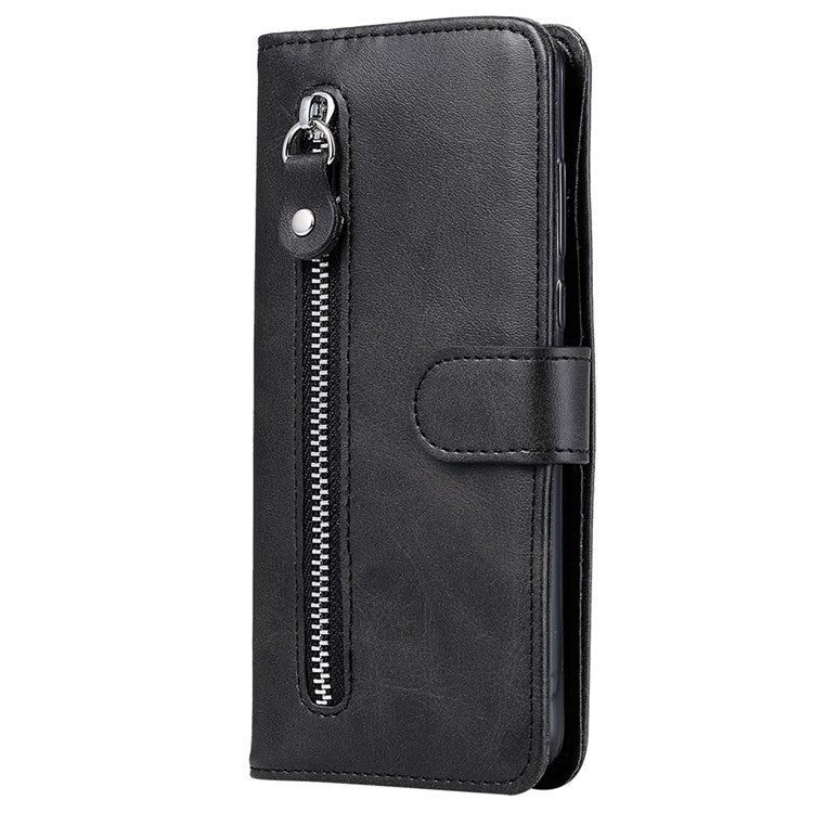 For Realme GT2 Pro PU Leather Zipper Flip Folio Wallet Case Magnetic Closure Stand Protective Cover - Black