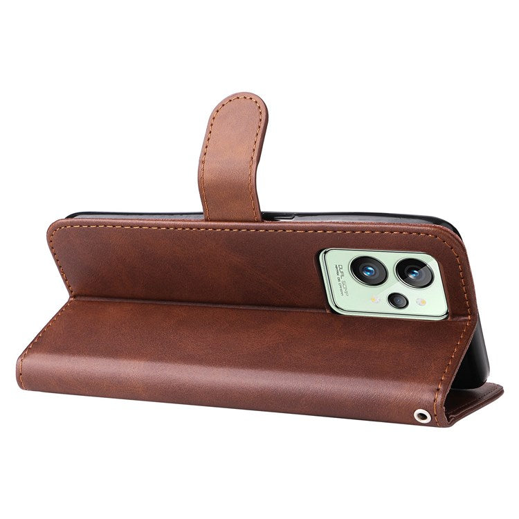 For Realme GT2 Pro PU Leather Zipper Flip Folio Wallet Case Magnetic Closure Stand Protective Cover - Brown