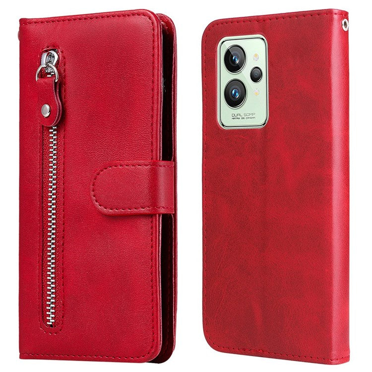 For Realme GT2 Pro PU Leather Zipper Flip Folio Wallet Case Magnetic Closure Stand Protective Cover - Red