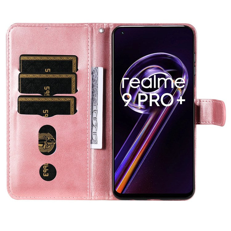 For Realme 9 Pro+ Stand Feature PU Leather Case Magnetic Clasp Zipper Pocket Shockproof Flip Wallet Cover - Rose Gold