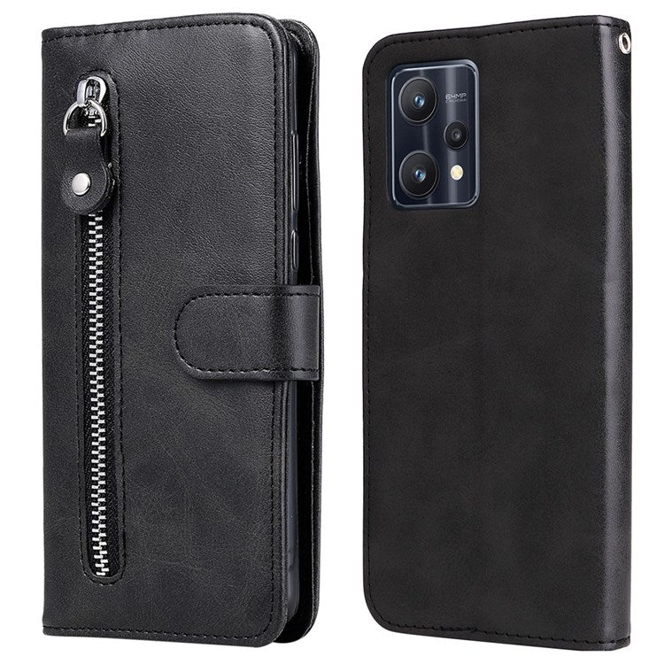 For Realme 9 Pro 5G / 9 5G / V25 Wallet Case PU Leather Magnetic Flip Zipper Stand Protective Phone Cover - Black