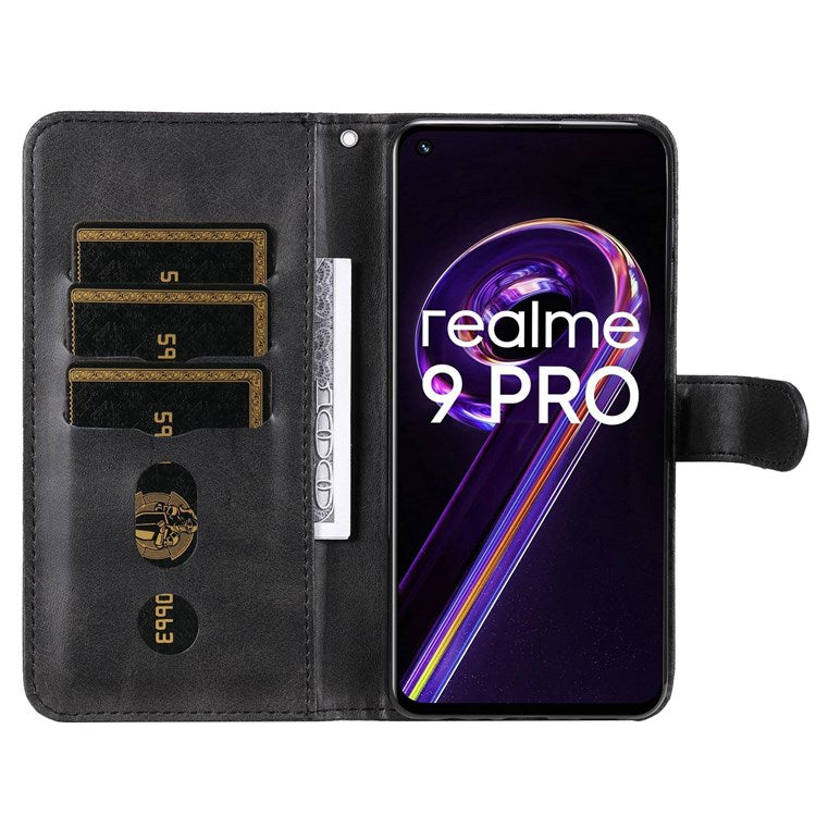 For Realme 9 Pro 5G / 9 5G / V25 Wallet Case PU Leather Magnetic Flip Zipper Stand Protective Phone Cover - Black