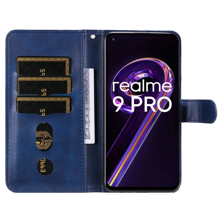 For Realme 9 Pro 5G / 9 5G / V25 Wallet Case PU Leather Magnetic Flip Zipper Stand Protective Phone Cover - Blue