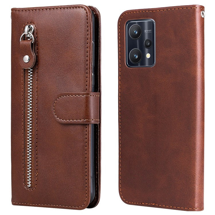 For Realme 9 Pro 5G / 9 5G / V25 Wallet Case PU Leather Magnetic Flip Zipper Stand Protective Phone Cover - Brown