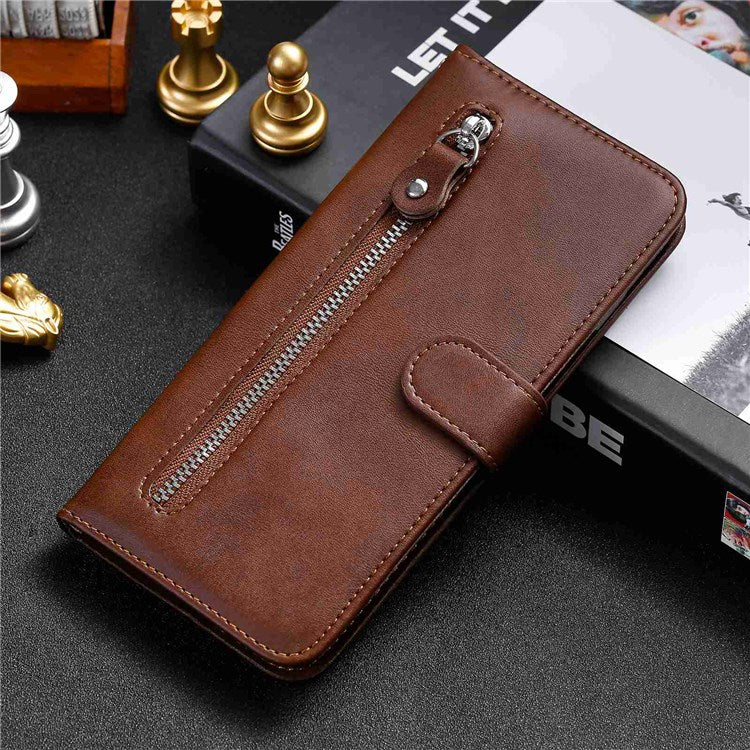 For Realme 9 Pro 5G / 9 5G / V25 Wallet Case PU Leather Magnetic Flip Zipper Stand Protective Phone Cover - Brown