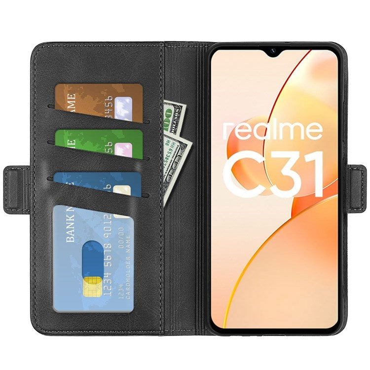 For Realme C31 4G Textured PU Leather Case Dual Magnetic Clasp Wallet Stand Shockproof Phone Case - Black