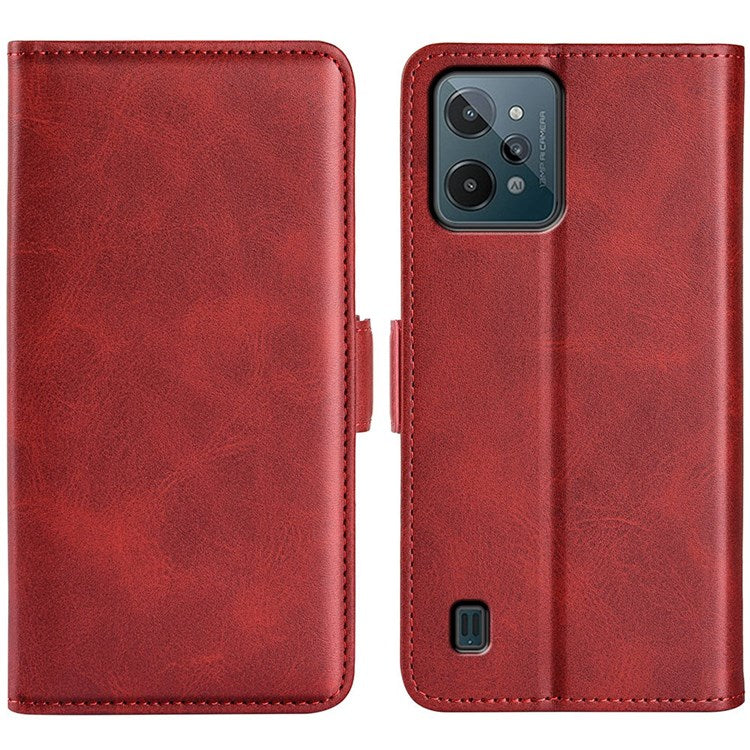 For Realme C31 4G Textured PU Leather Case Dual Magnetic Clasp Wallet Stand Shockproof Phone Case - Red