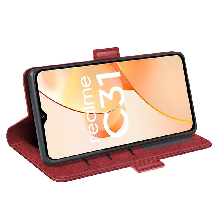For Realme C31 4G Textured PU Leather Case Dual Magnetic Clasp Wallet Stand Shockproof Phone Case - Red